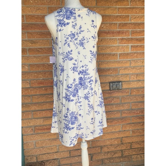 Floral Toile Stretchy Boho Swing Dress W Medium Blue White NWT Sleeveless A-Line - Picture 7 of 11